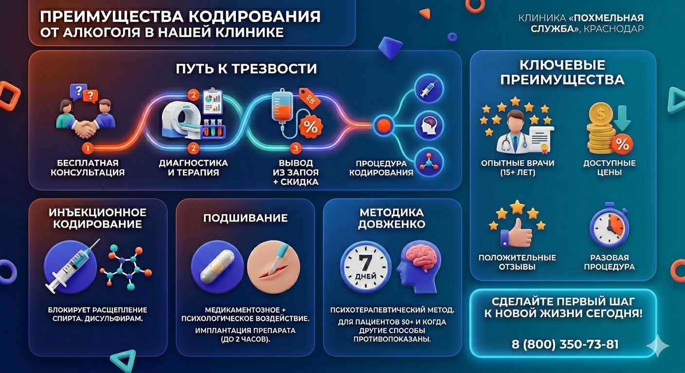 Инфографика о методах кодирования от алкоголя в Калтане: инъекции, подшивание, метод Довженко. Преимущества клиники и этапы лечения.
