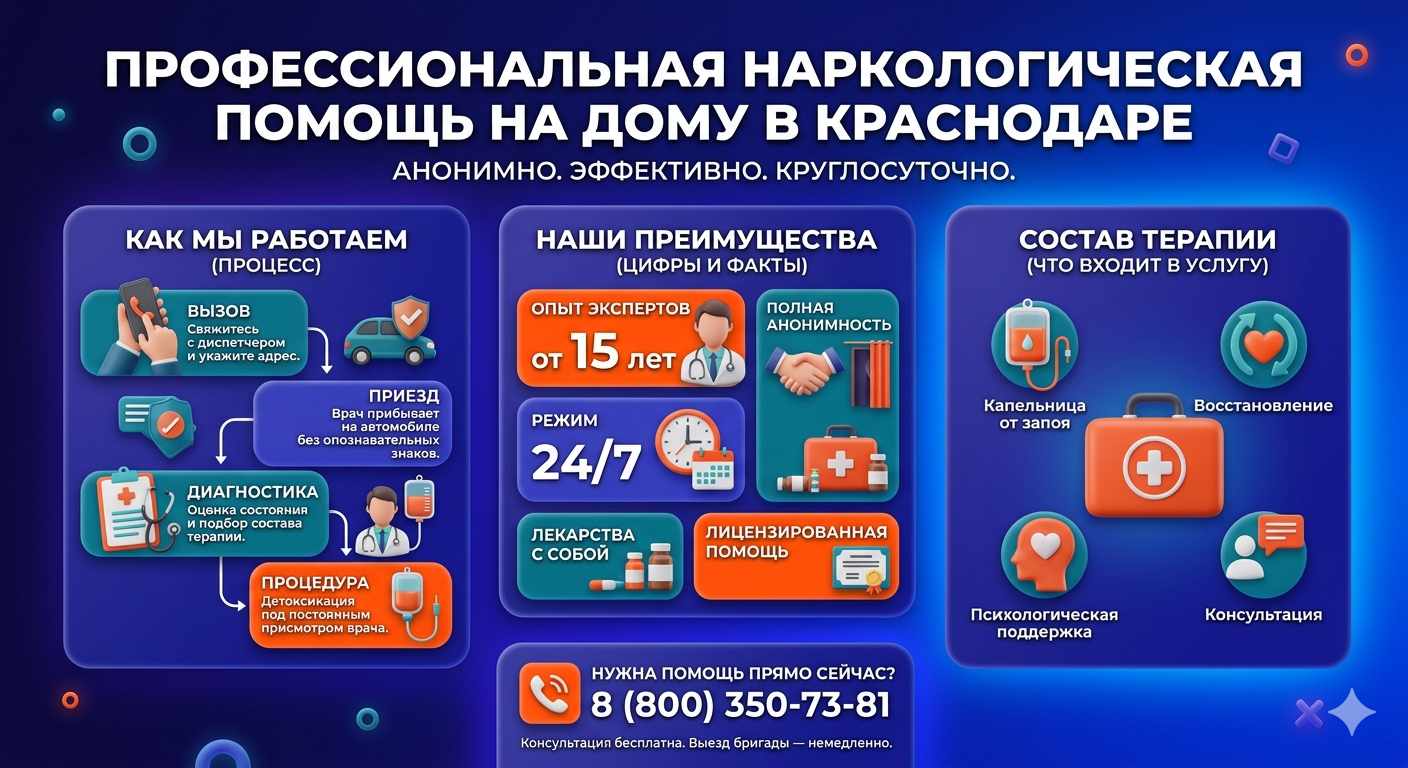 Инфографика о принципах лечения алкоголизма на дому в Калтане: этапы вызова нарколога, преимущества анонимной детоксикации и состав медицинской помощи.